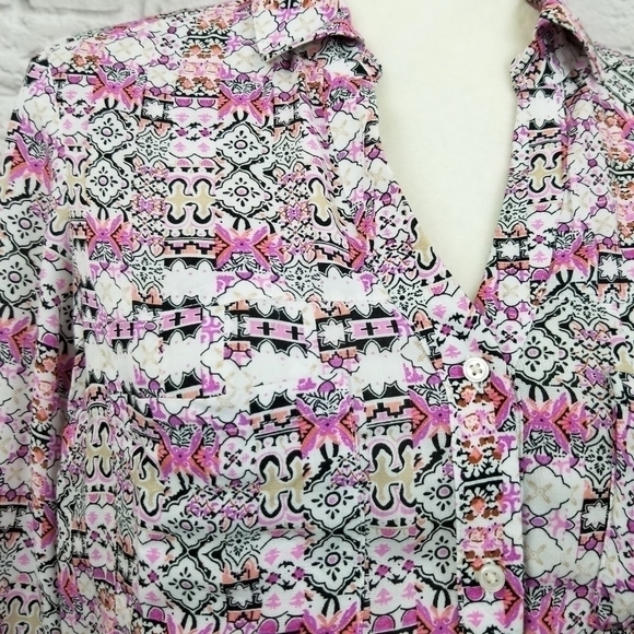 Maeve Anthro Islet pink white black print button front top women's size XSmall - Picture 3 of 9